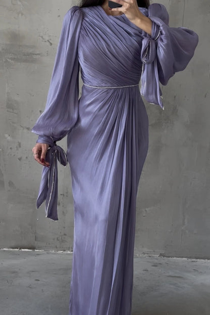 Pleated Beautiful Evening Dress with Bow Detail – Style 5019