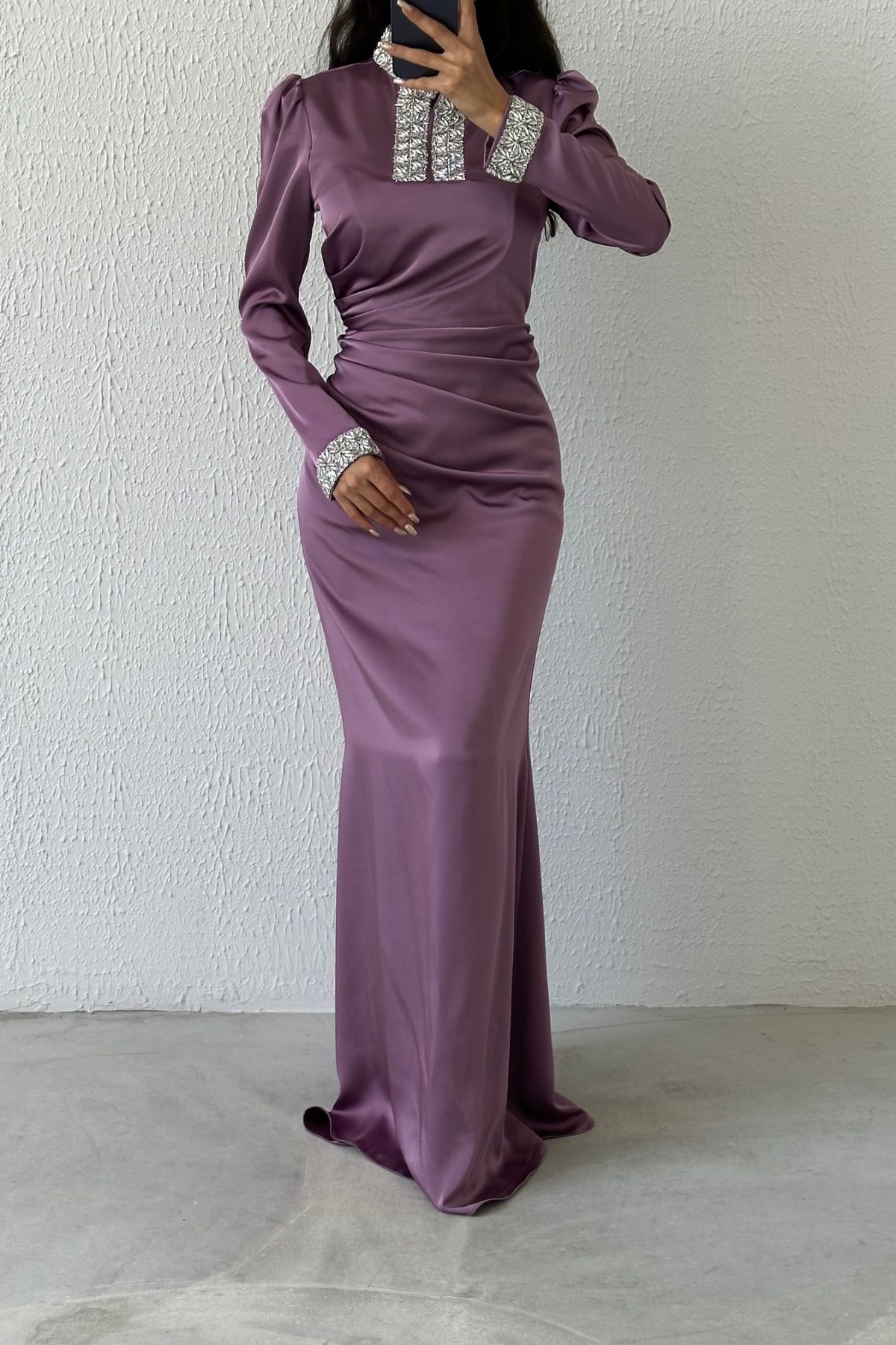 Satin Evening Dress with Stoned Sleeves and Collar 8011