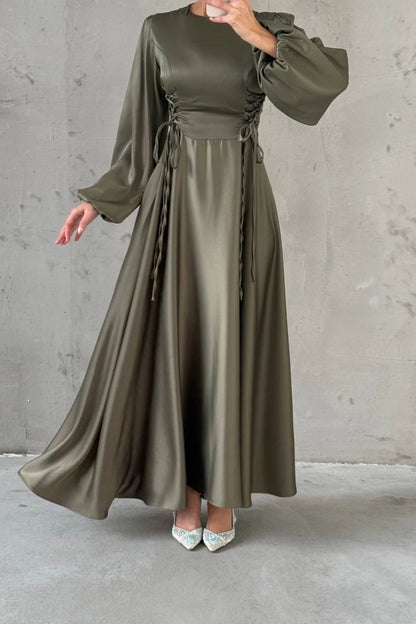 Waist-Tie Balloon Sleeve Satin Evening Dress 6150