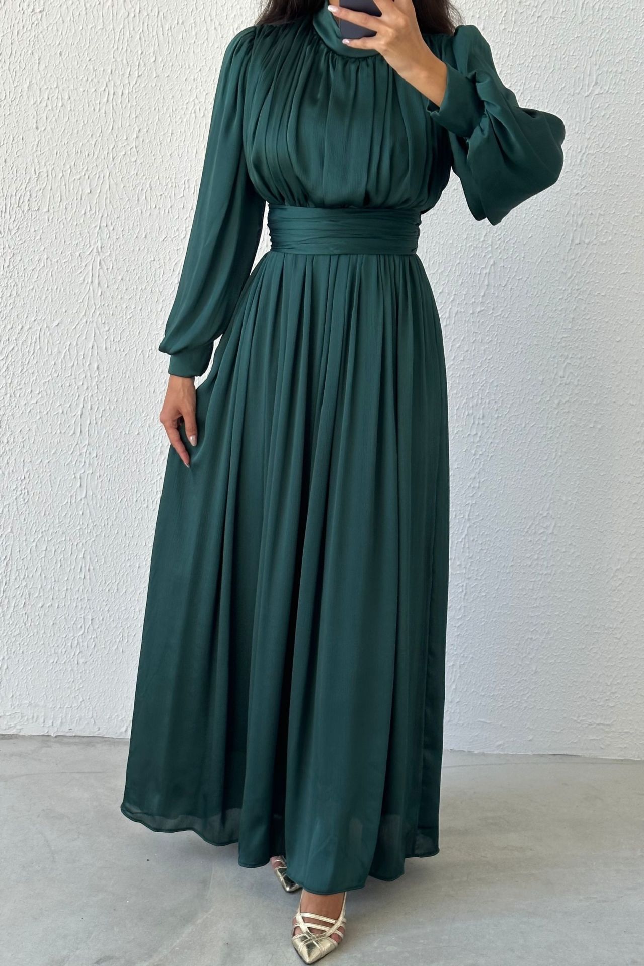 Elegant Pleated Organza Modest Evening Dress 4564