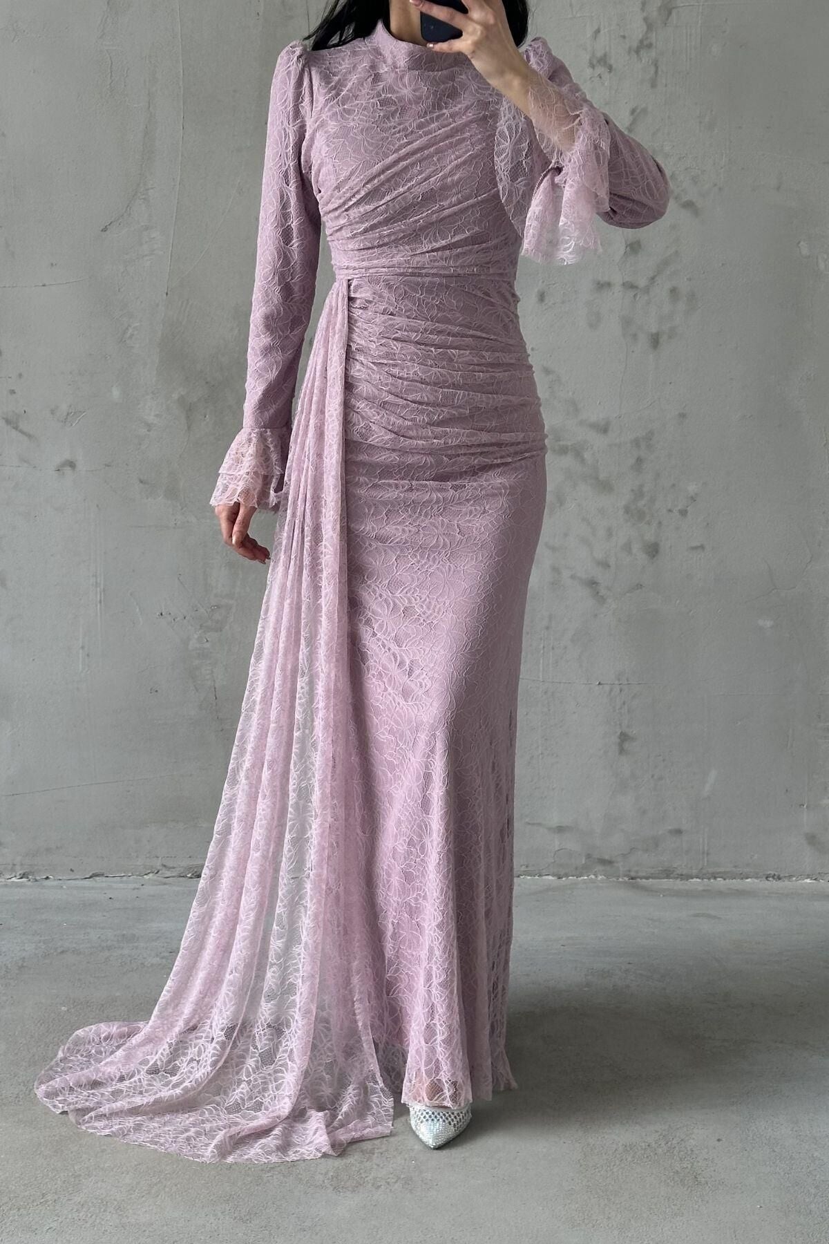 The Rosalie Draped Lace Evening Gown
