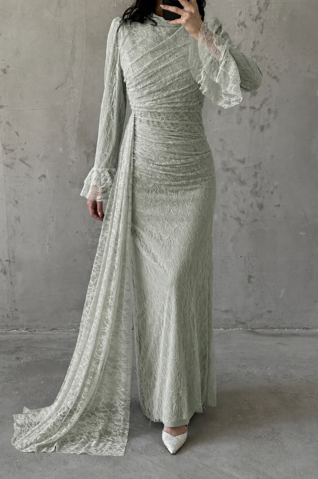 The Rosalie Draped Lace Evening Gown