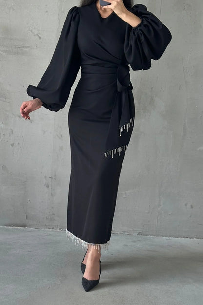 Beautiful Detailed Waist Tied Crepe Dress 3021