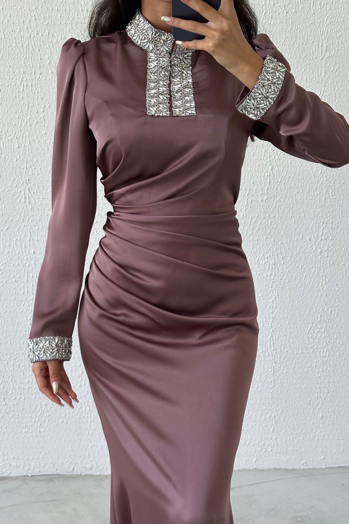 Satin Evening Dress with Stoned Sleeves and Collar 8011