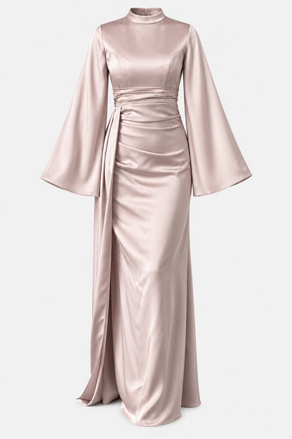 Draped Satin Evening Gown with Tail Detail
