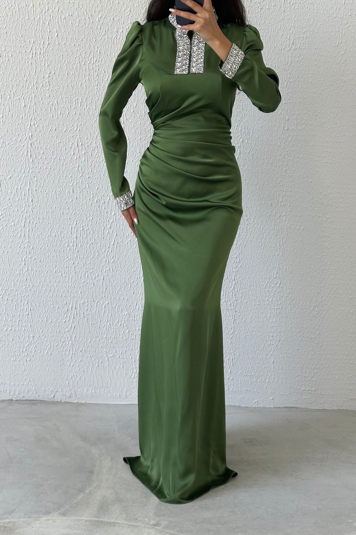 Satin Evening Dress with Stoned Sleeves and Collar 8011