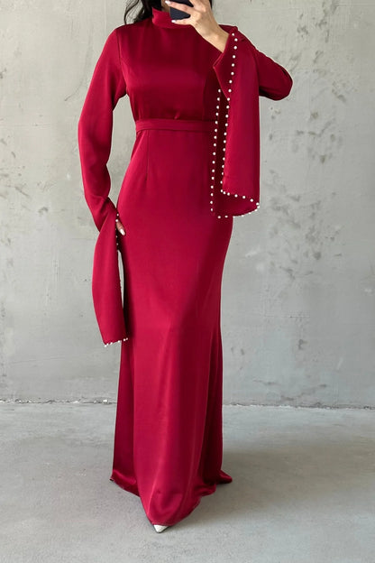 Satin Evening Dress with Slit Sleeves and Pearl Detail on the Sleeves 4202