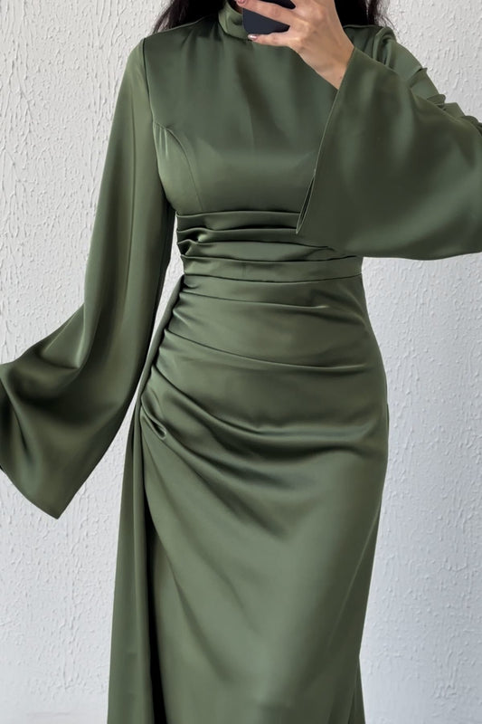 Satin Evening Dress with Tail Detail Stone 6973