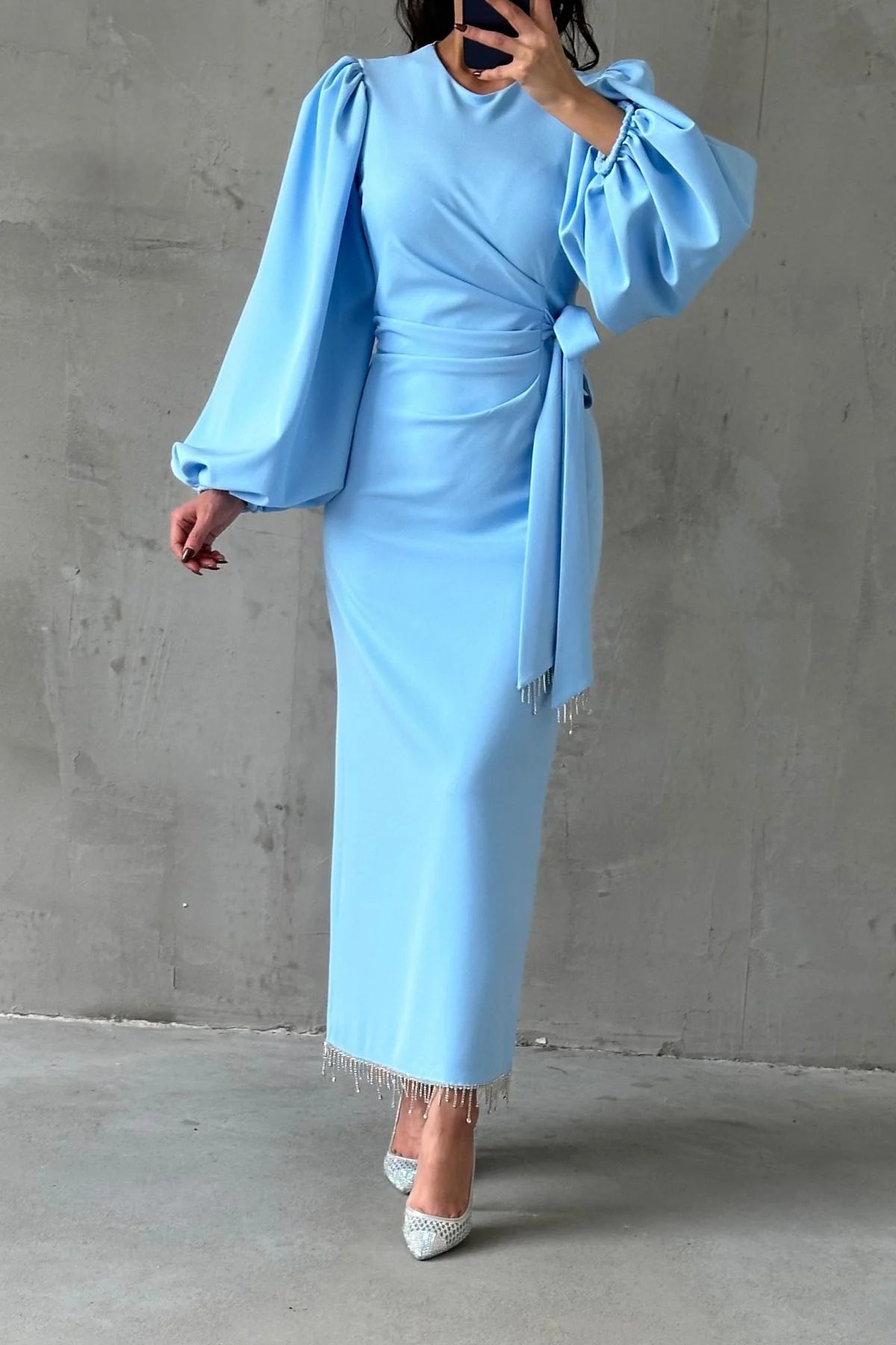 Beautiful Detailed Waist Tied Crepe Dress 3021