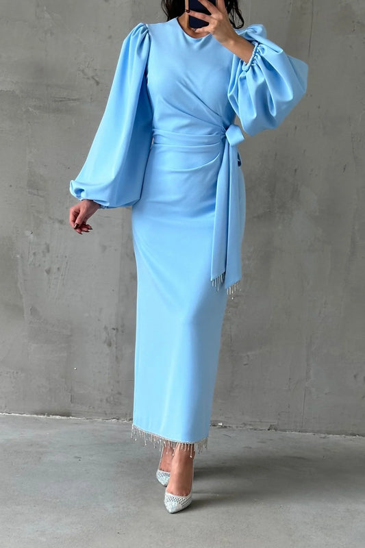 Beautiful Detailed Waist Tied Crepe Dress 3021