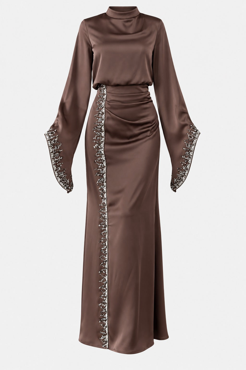 Embellished Satin Evening Gown with Flowing Sleeves