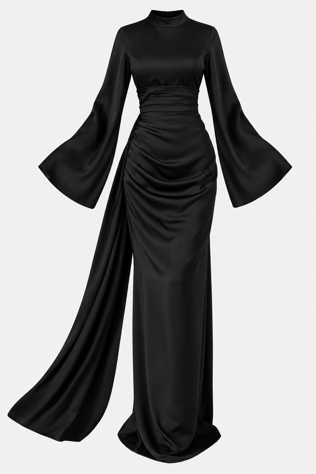 Draped Satin Evening Gown with Tail Detail