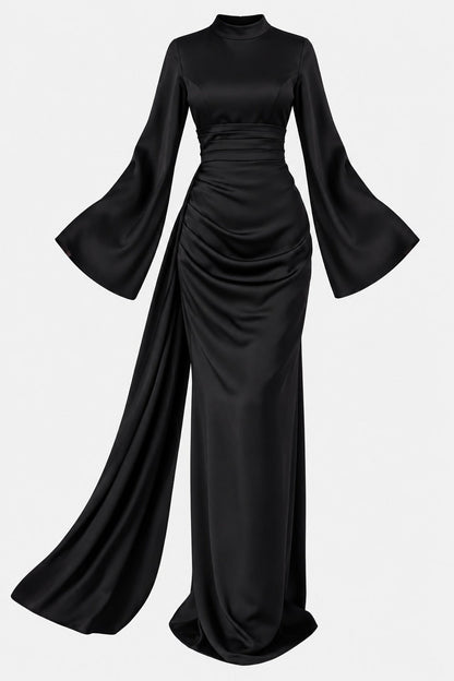 Draped Satin Evening Gown with Tail Detail