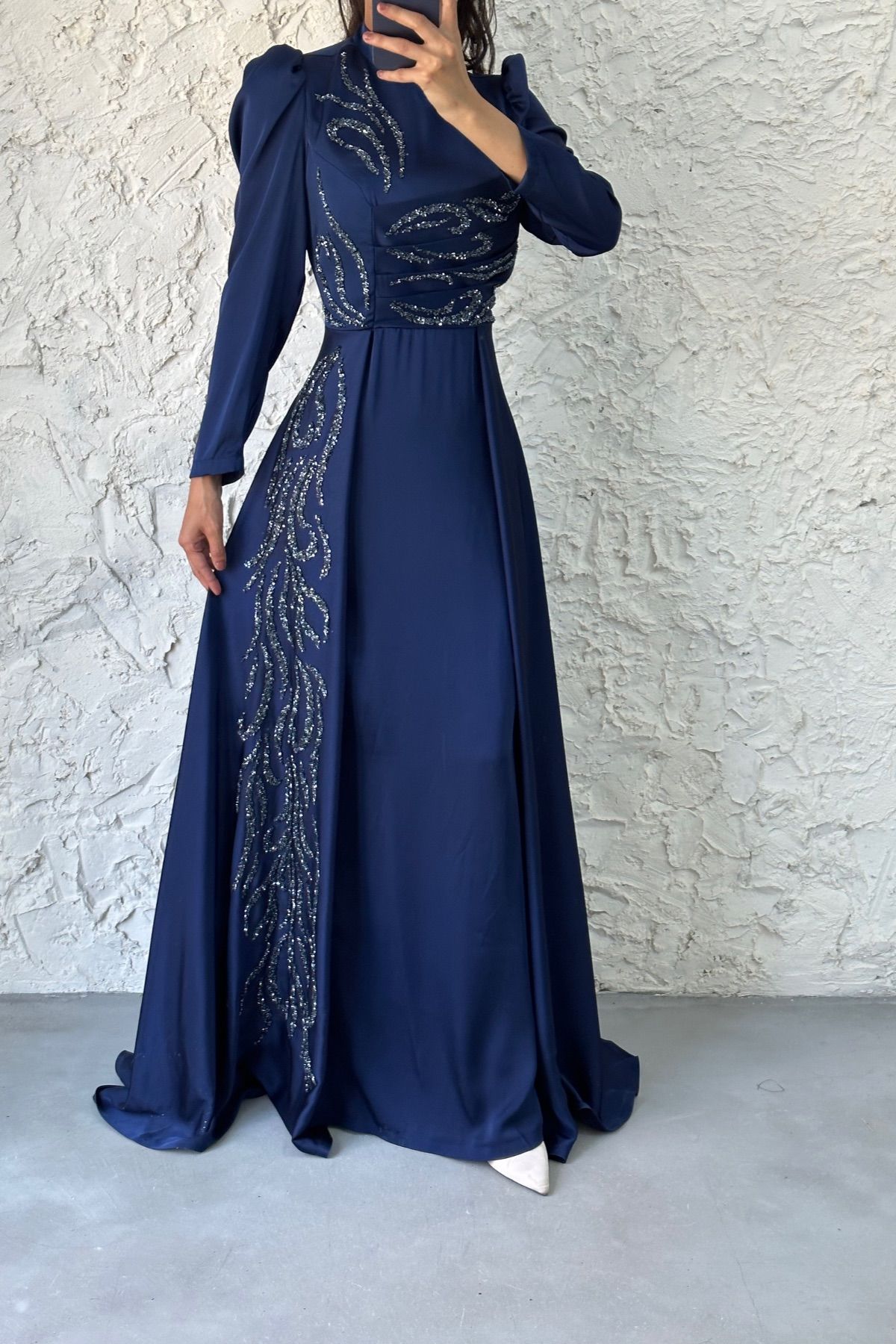 Satin Evening Dress with Cape and Stone Detail 6924