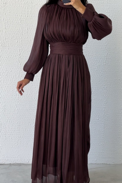 Elegant Pleated Organza Modest Evening Dress 4564