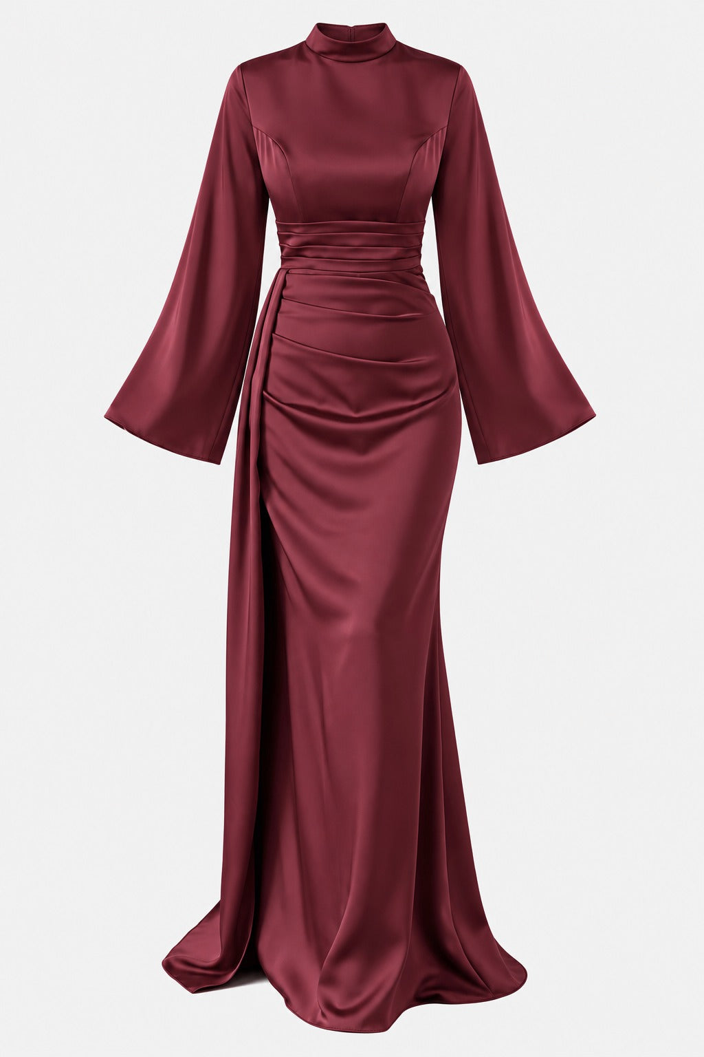 Draped Satin Evening Gown with Tail Detail