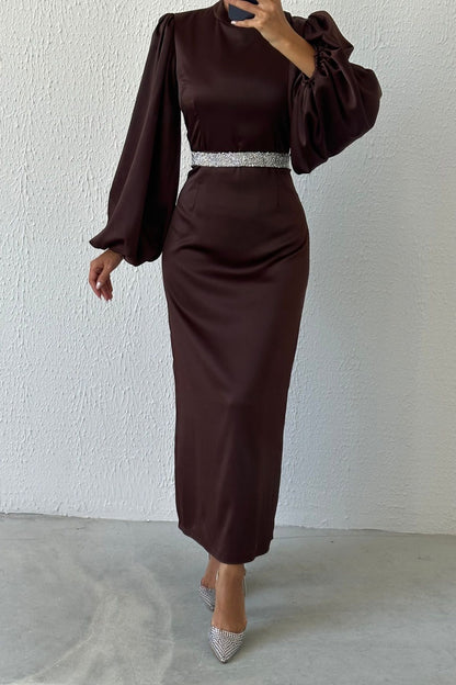 Satin Elegance Stone Belted Evening Dress 4977