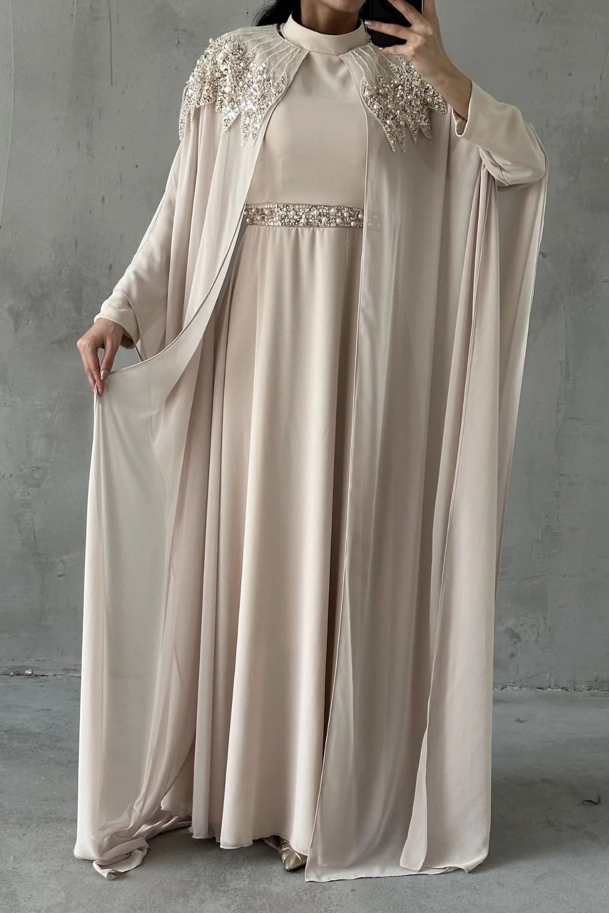 The Elara Embellished Cape Gown
