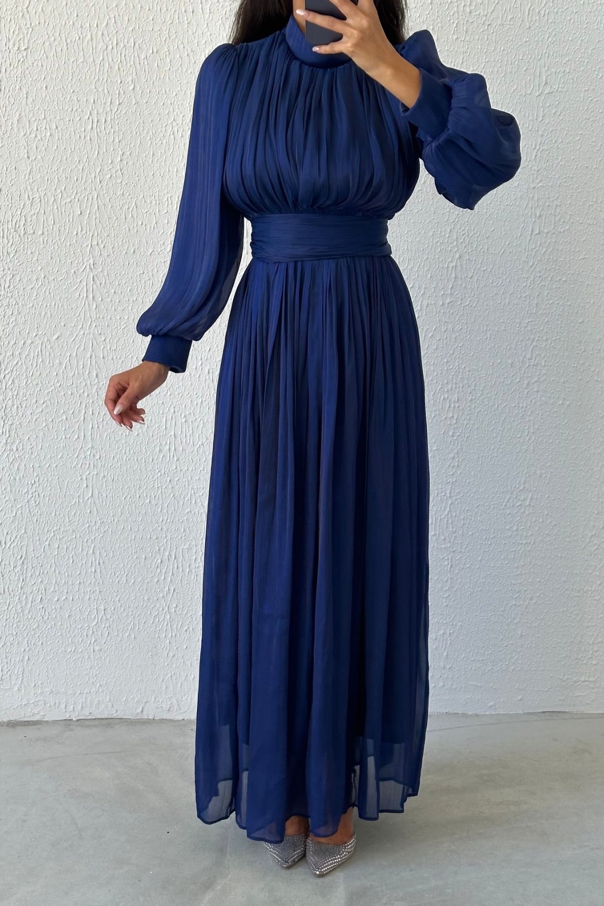 Elegant Pleated Organza Modest Evening Dress 4564