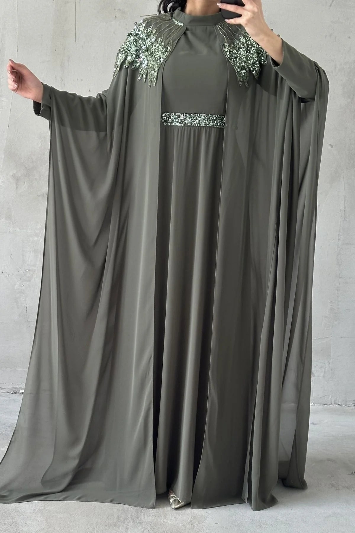 The Elara Embellished Cape Gown