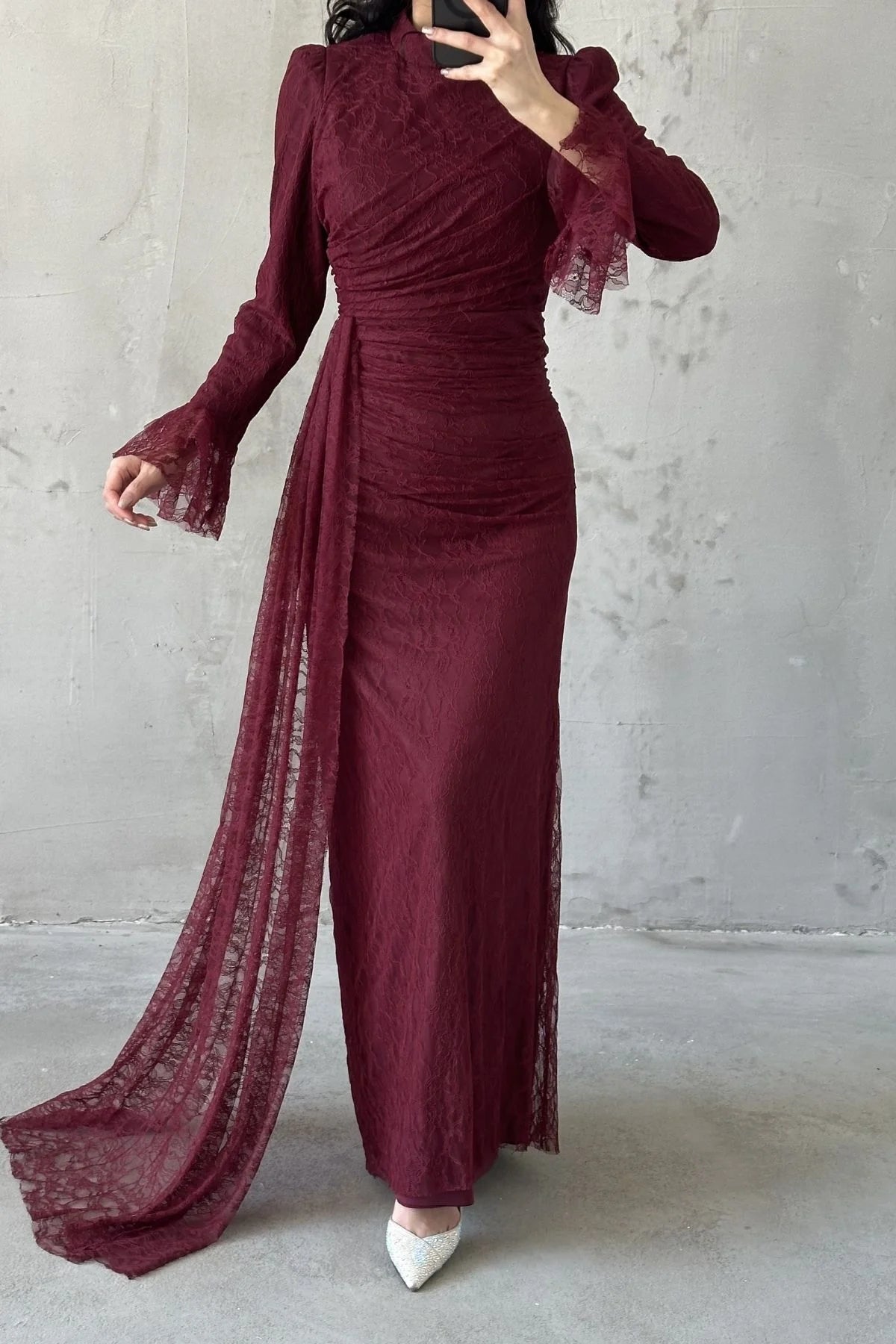 The Rosalie Draped Lace Evening Gown