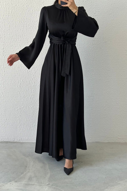 Flowing Elegance Flounce Sleeve Satin Evening Dress 6105