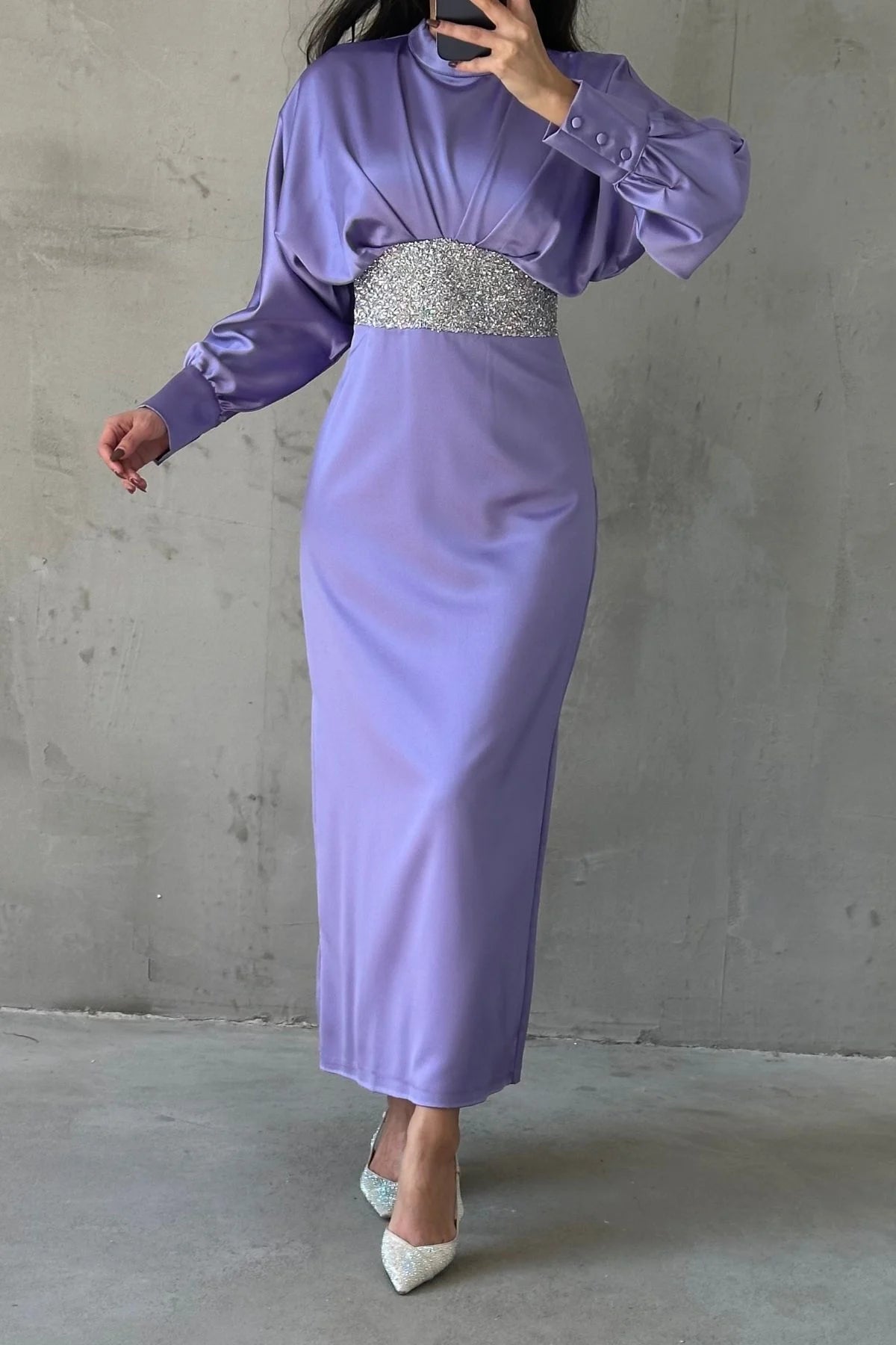 Modern Design Buttoned Satin Evening Dress 4930
