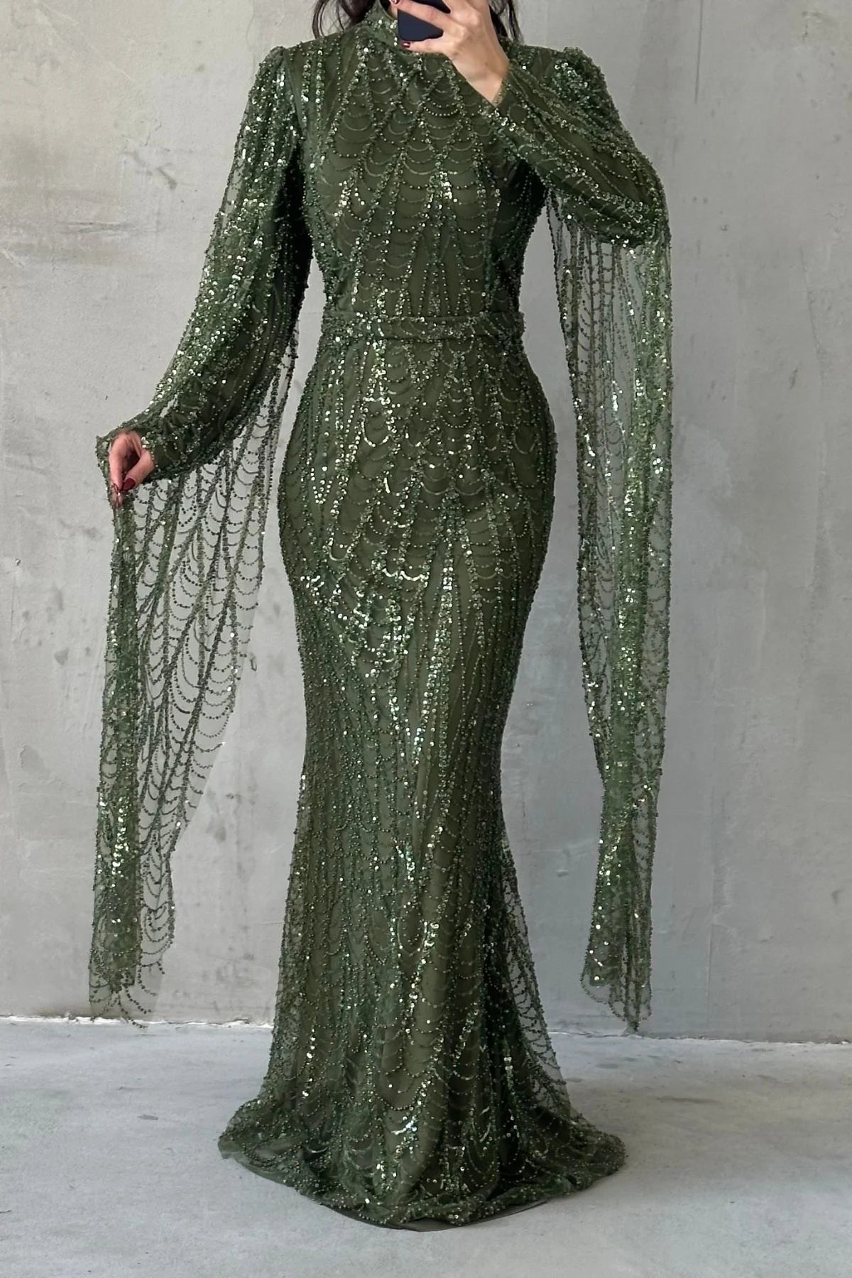Radiant Drape Sleeve Embellished Gown 5070