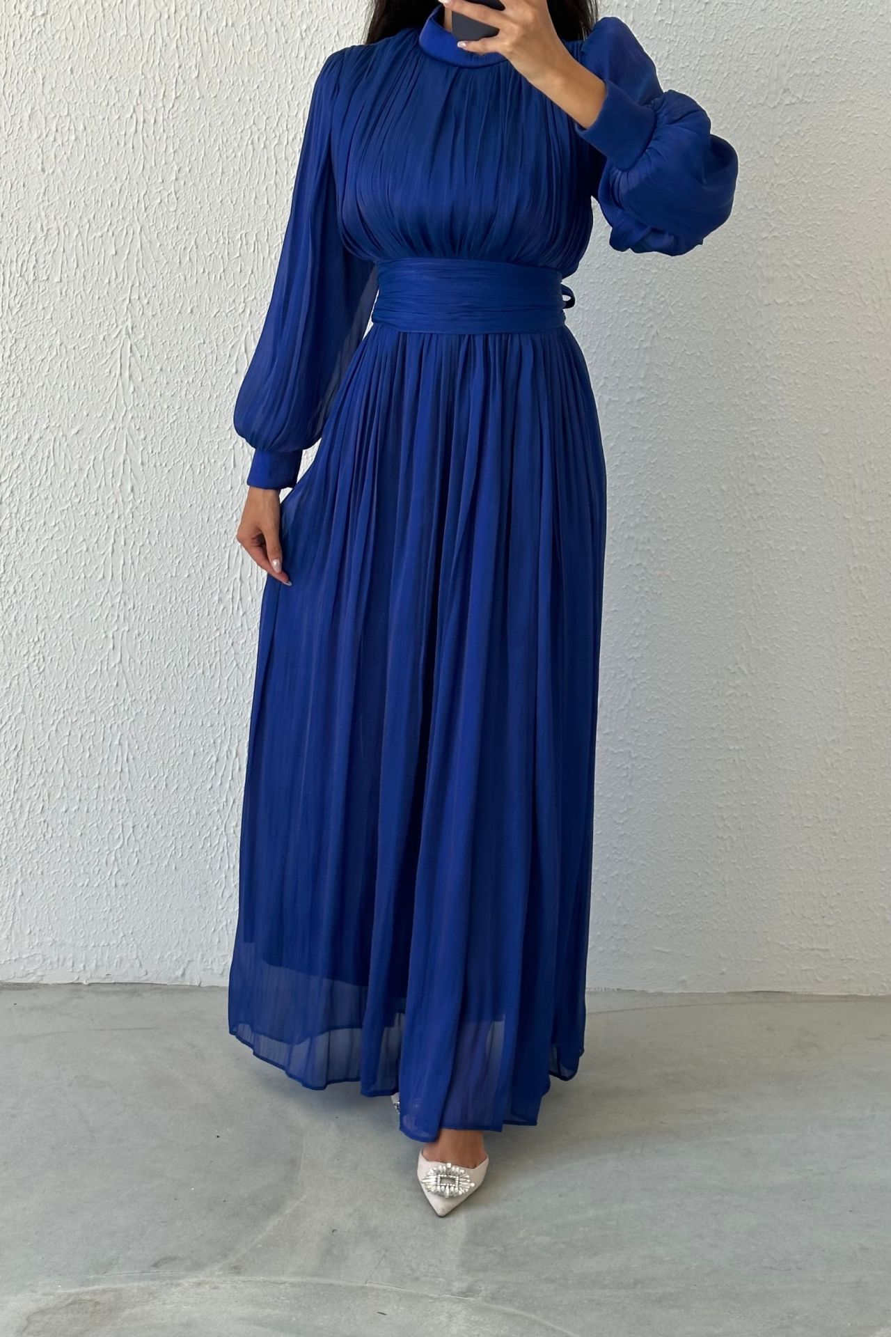 Elegant Pleated Organza Modest Evening Dress 4564