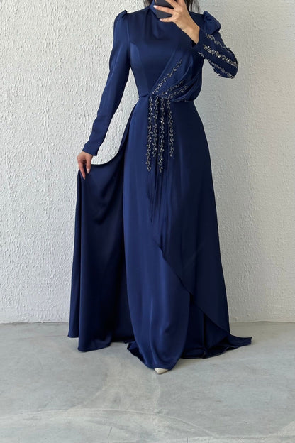Glamorous Ruffle Stone Detailed Satin Evening Dress 6971