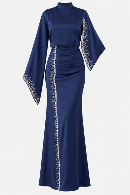Embellished Satin Evening Gown with Flowing Sleeves