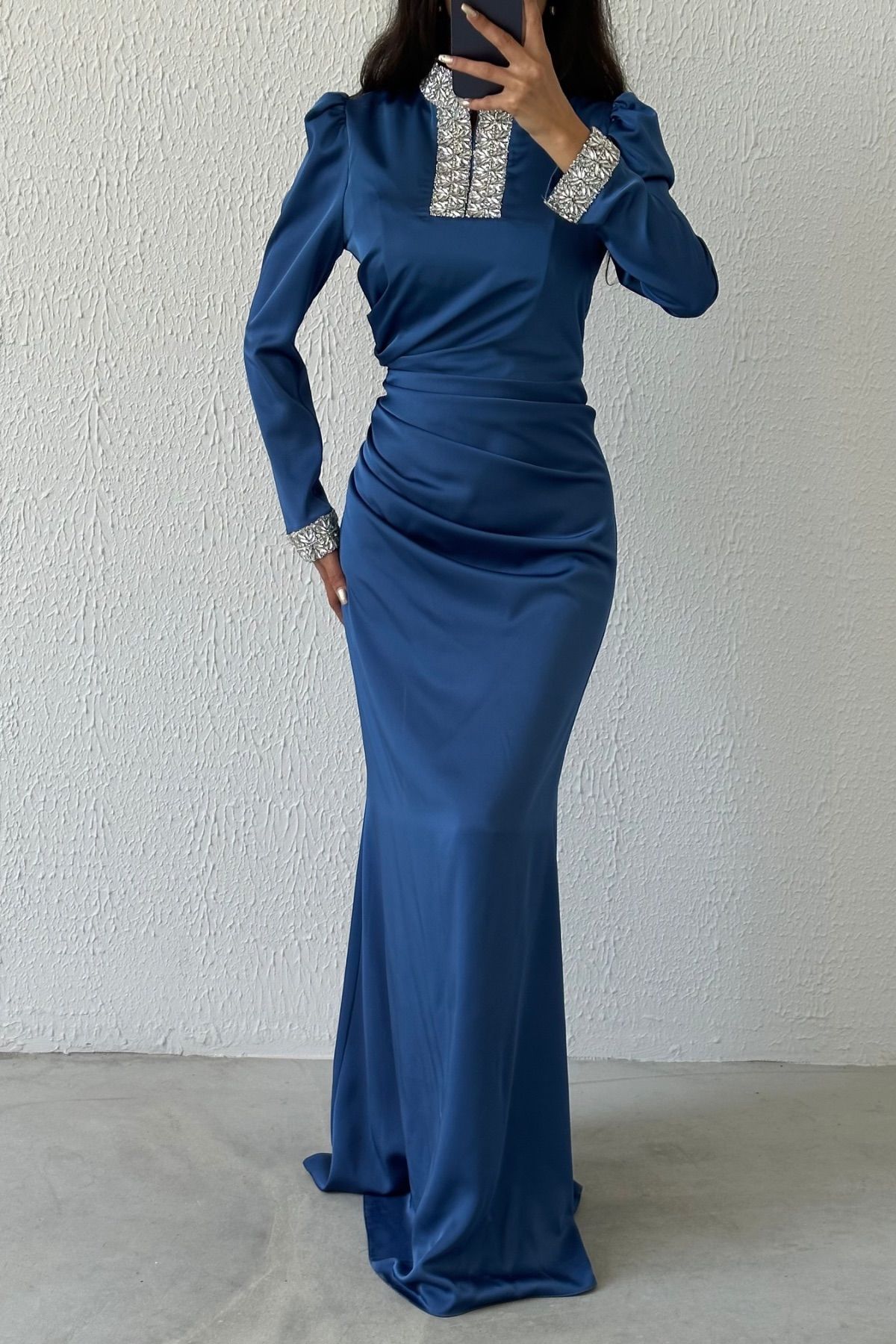 Satin Evening Dress with Stoned Sleeves and Collar 8011