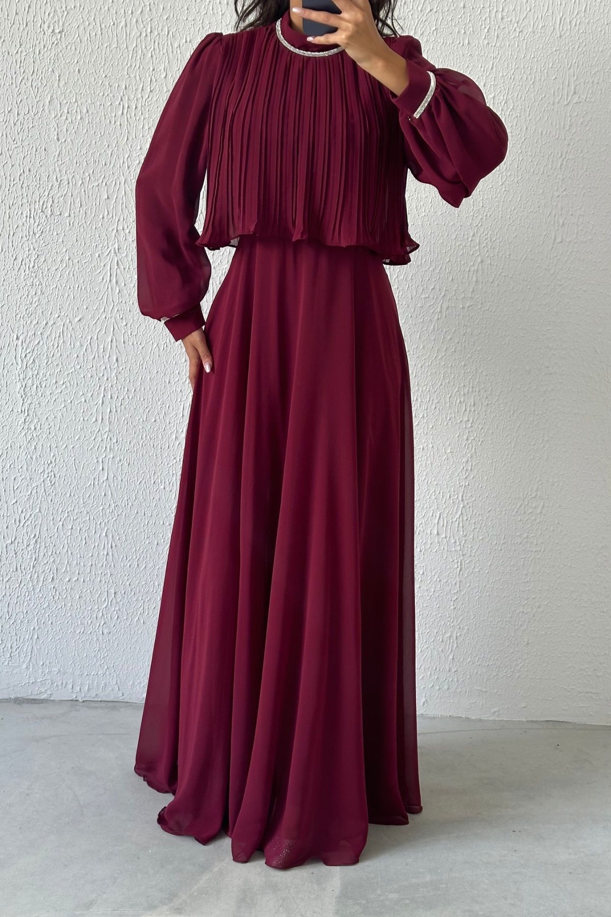 Fine Pleated and Stone Detailed Chiffon Hijab Evening Dress 4580