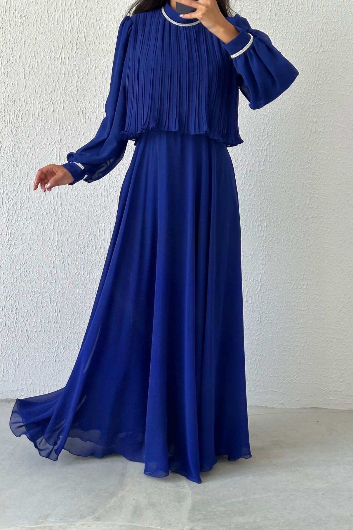 Fine Pleated and Stone Detailed Chiffon Hijab Evening Dress 4580