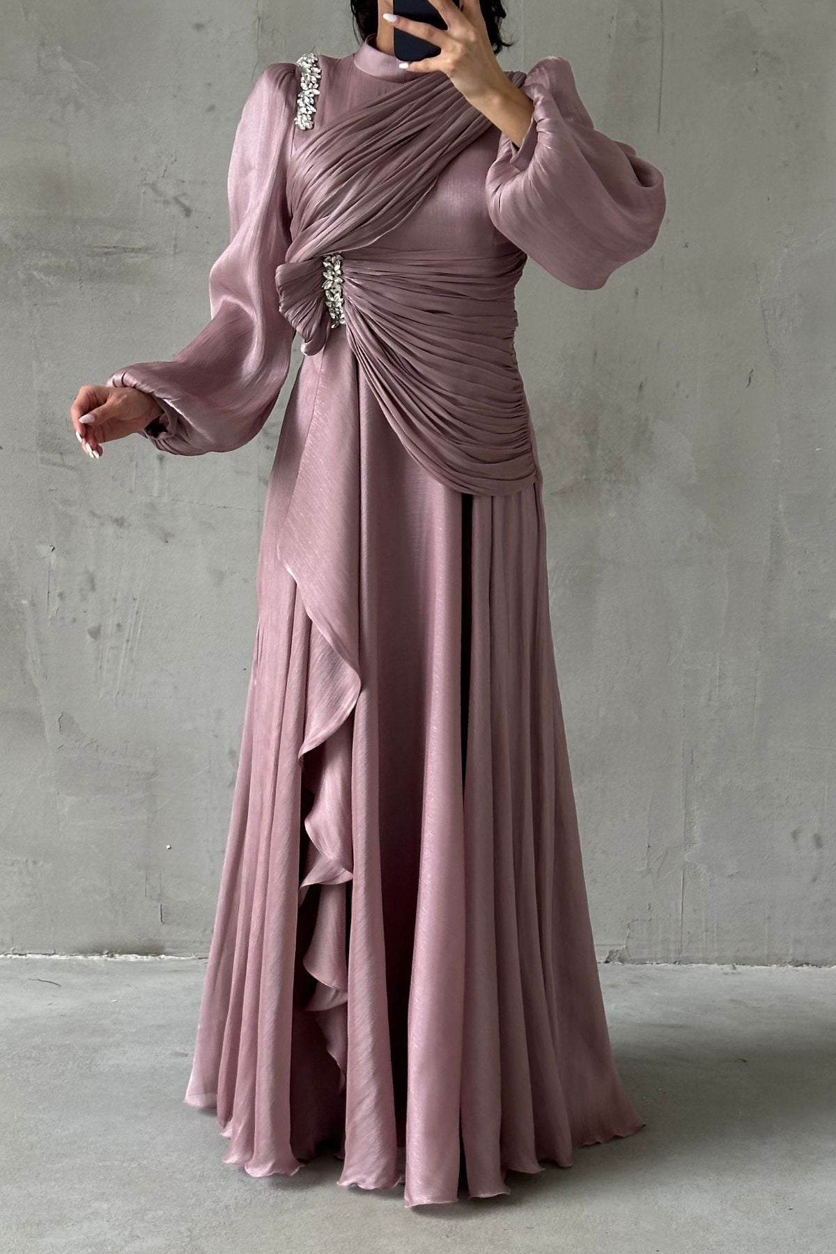 Gemstone Draped Cascade Evening Dress 5164