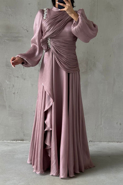 Gemstone Draped Cascade Evening Dress 5164