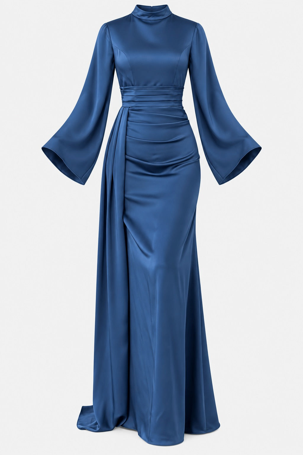 Draped Satin Evening Gown with Tail Detail