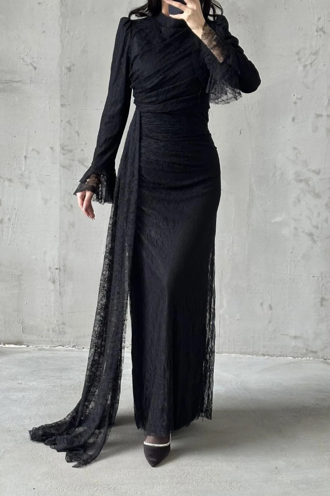 The Rosalie Draped Lace Evening Gown