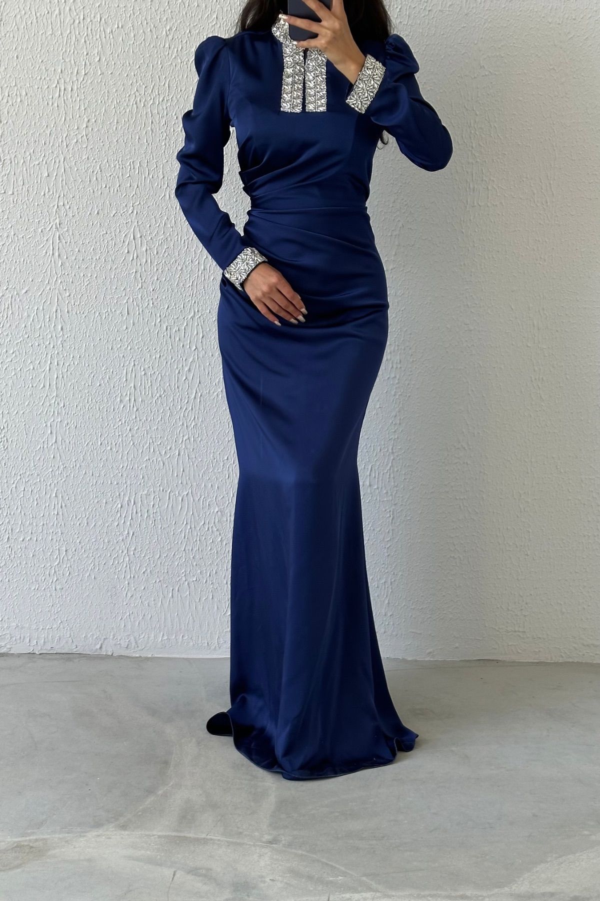 Satin Evening Dress with Stoned Sleeves and Collar 8011