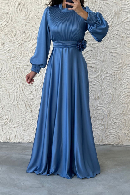 Flower Detailed Pleated Satin Evening Dress 4908