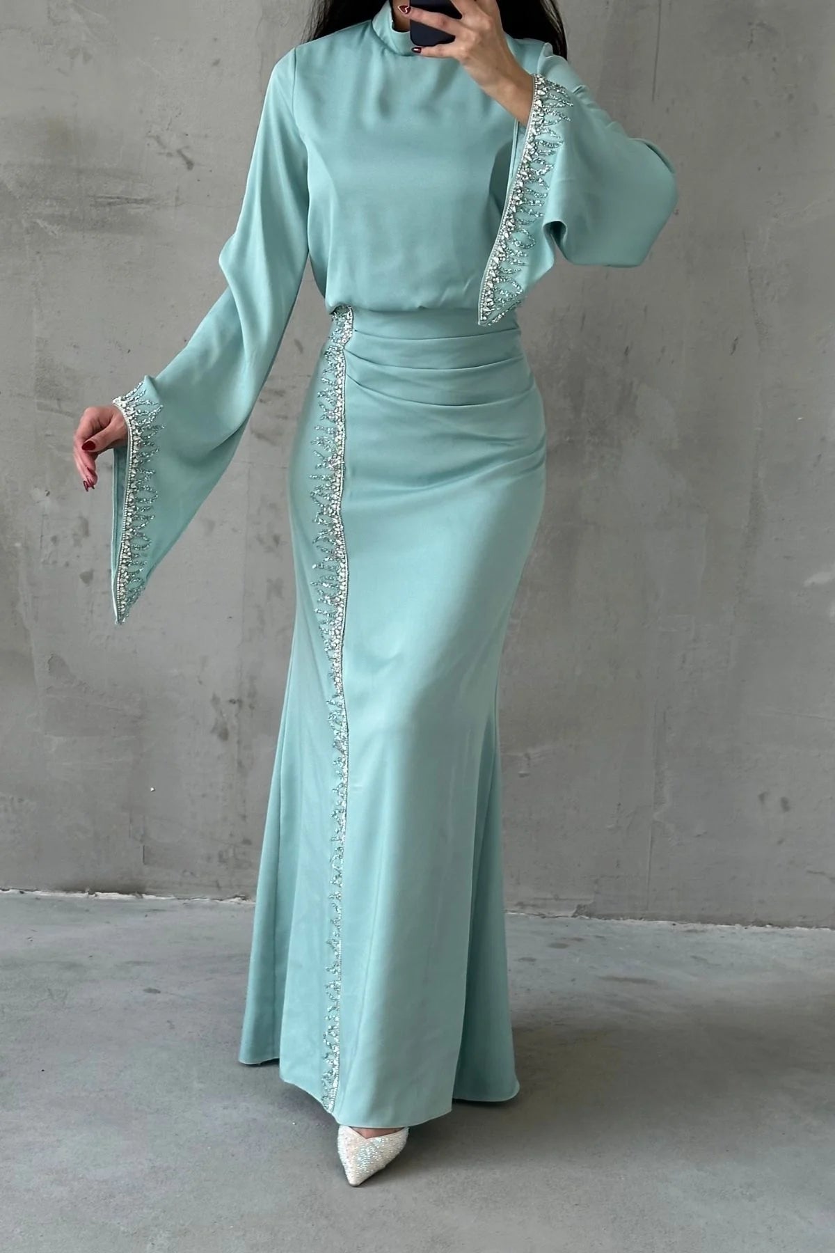 Flowing Sleeve Sparkly Embroidered Satin Evening Dress 5045