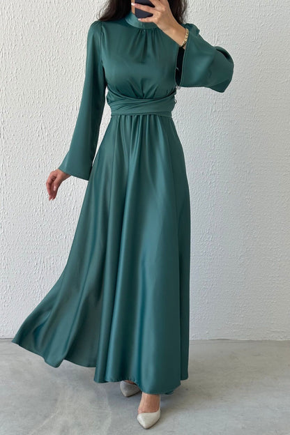 Flowing Elegance Flounce Sleeve Satin Evening Dress 6105