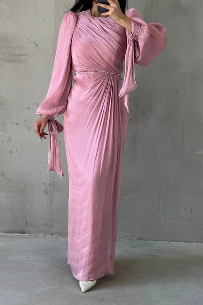 Pleated Beautiful Evening Dress with Bow Detail – Style 5019