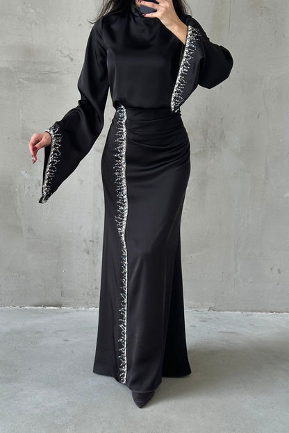 Embellished Satin Evening Gown with Flowing Sleeves