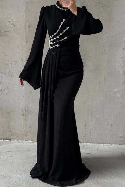 Tailed Thin Stone Detailed Crepe  Evening Dress 5059