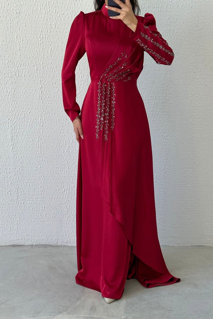 Glamorous Ruffle Stone Detailed Satin Evening Dress 6971