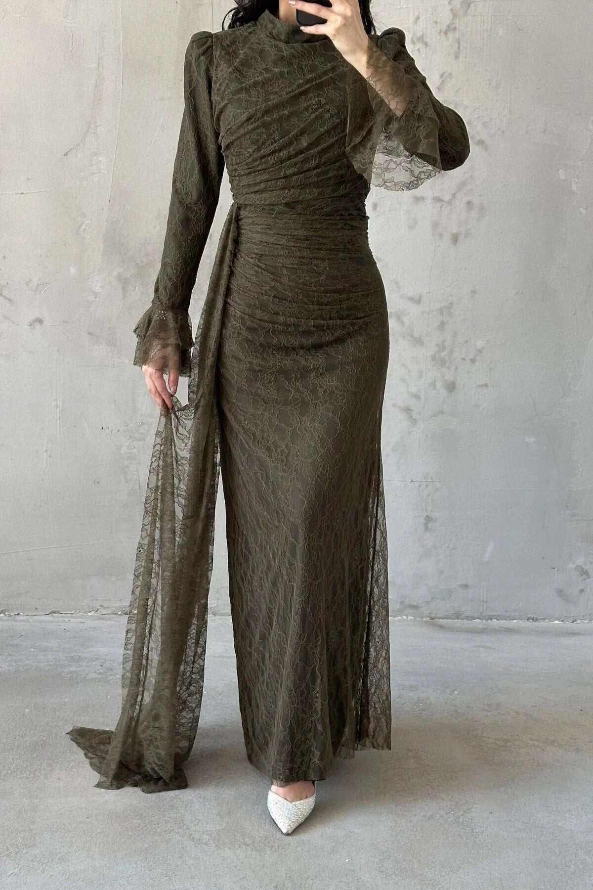 The Rosalie Draped Lace Evening Gown