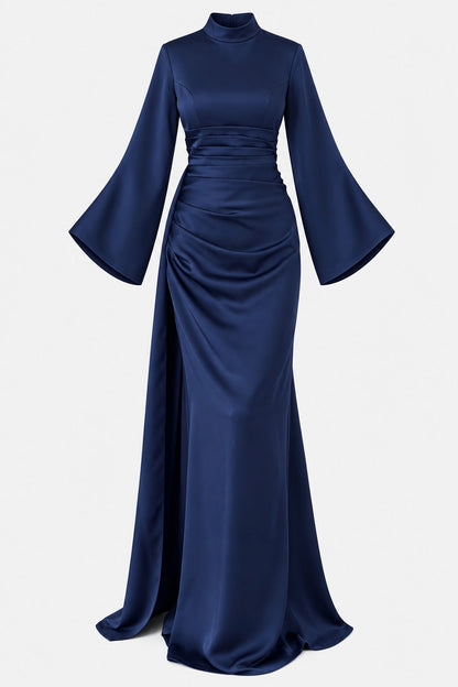 Draped Satin Evening Gown with Tail Detail