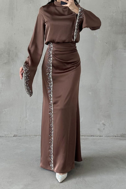 Embellished Satin Evening Gown with Flowing Sleeves