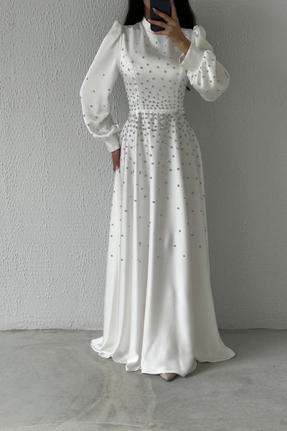 Satin Stone Embellished Bridal Evening Dress 8003